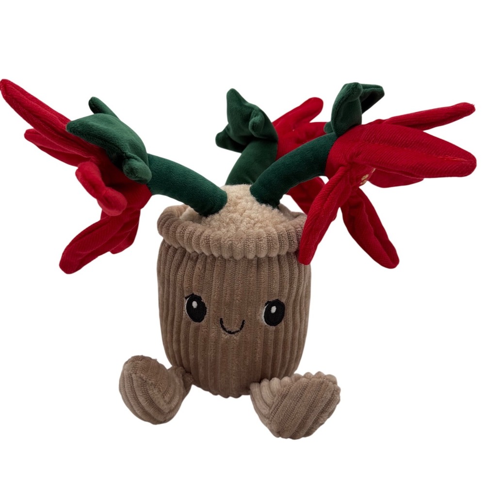Linzy Toys Potted Poinsettia Plush Smiling Christmas Flower Plant Tan Red Green